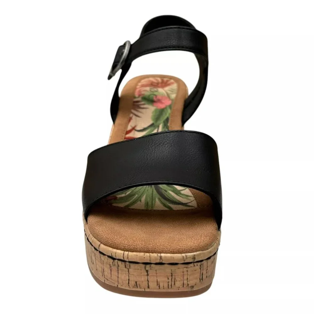 BOC Corrie Women's Platform Wedge‎ Sandal Size 8 Black/Tan Faux Leather Upper